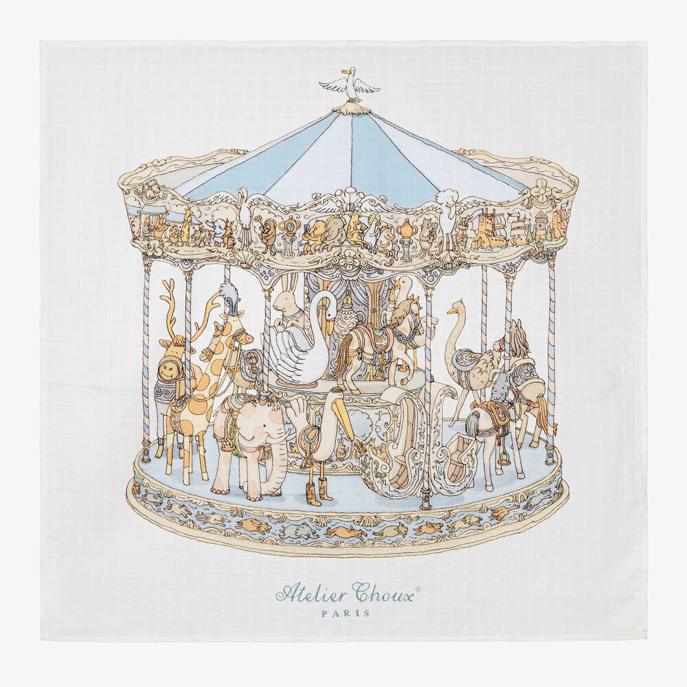 Atelier Choux Paris - White & Blue Carousel Swaddle (97cm) | Childrensalon