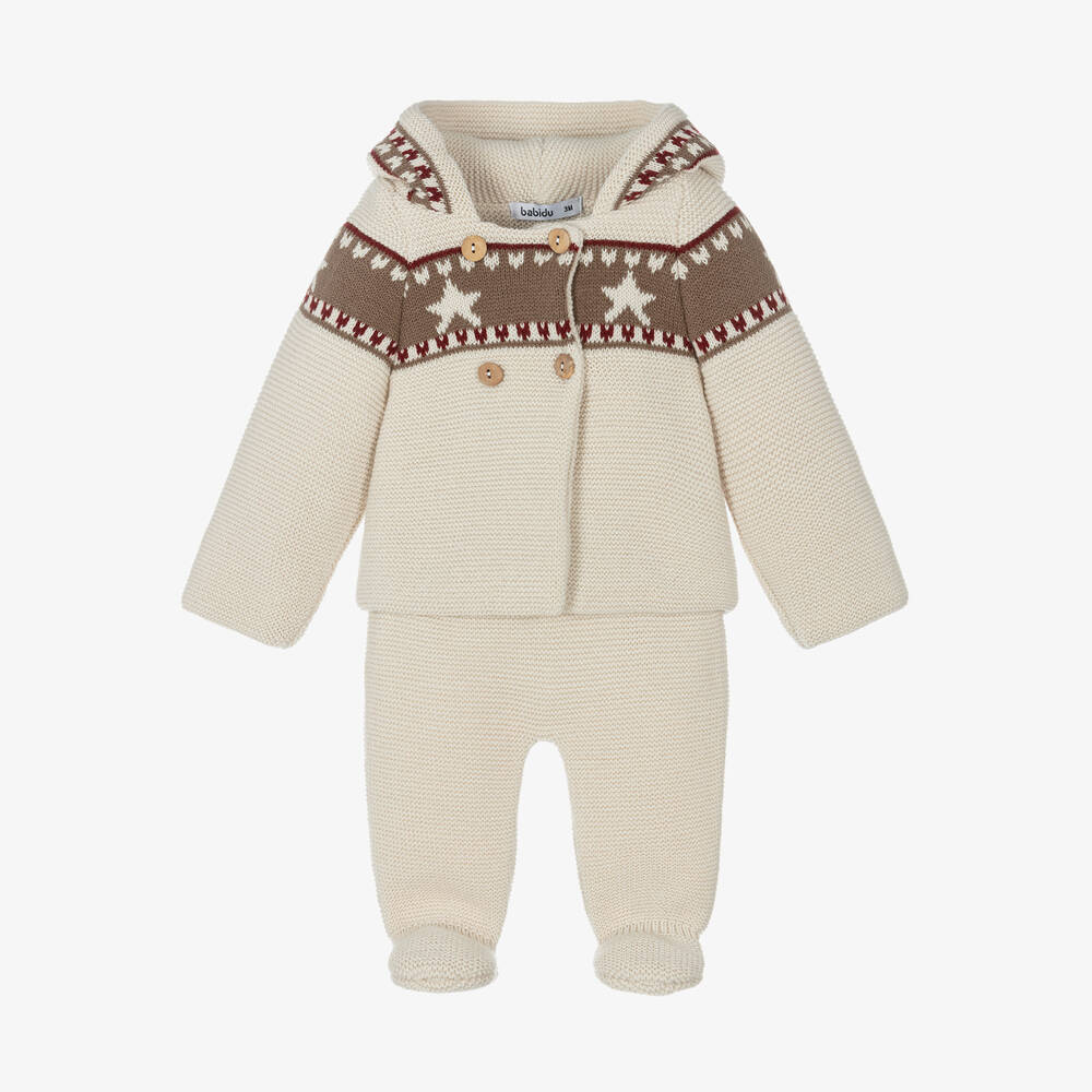 Babidu - Baby Boys Ivory Knit Star Pram Coat Set | Childrensalon