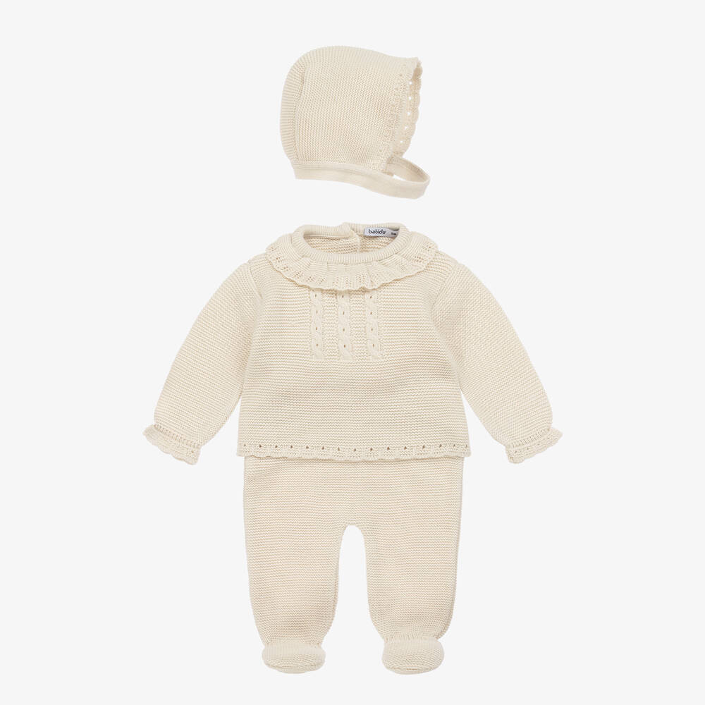 Babidu - Baby Girls Beige Knitted Babysuit Set | Childrensalon