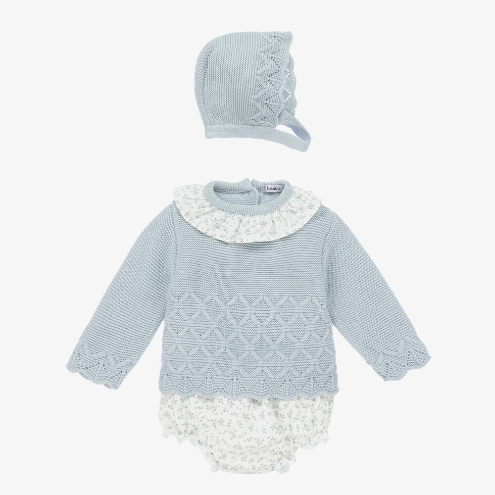 Babidu - Baby Girls Blue Knit & Floral Shorts Set | Childrensalon