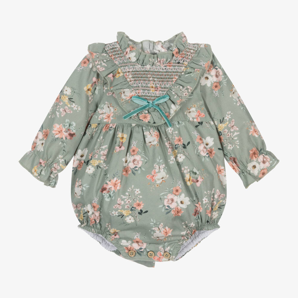 Babidu - Baby Girls Green Floral Cotton Shortie | Childrensalon
