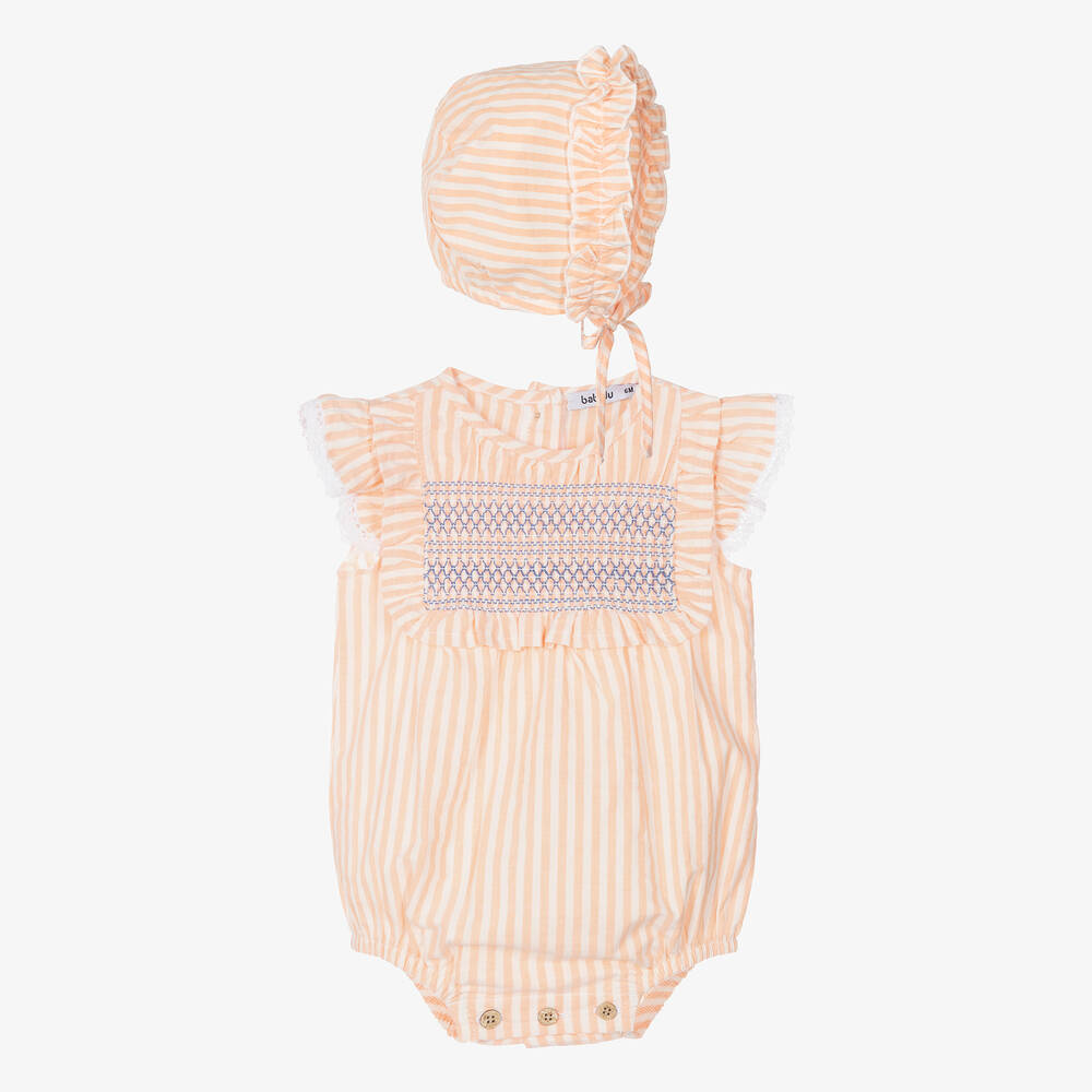 Babidu - Baby Girls Orange Stripe Shortie & Bonnet Set | Childrensalon