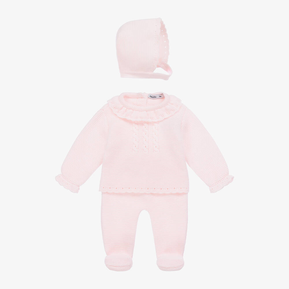 Babidu - Baby Girls Pink Knitted Babysuit Set | Childrensalon