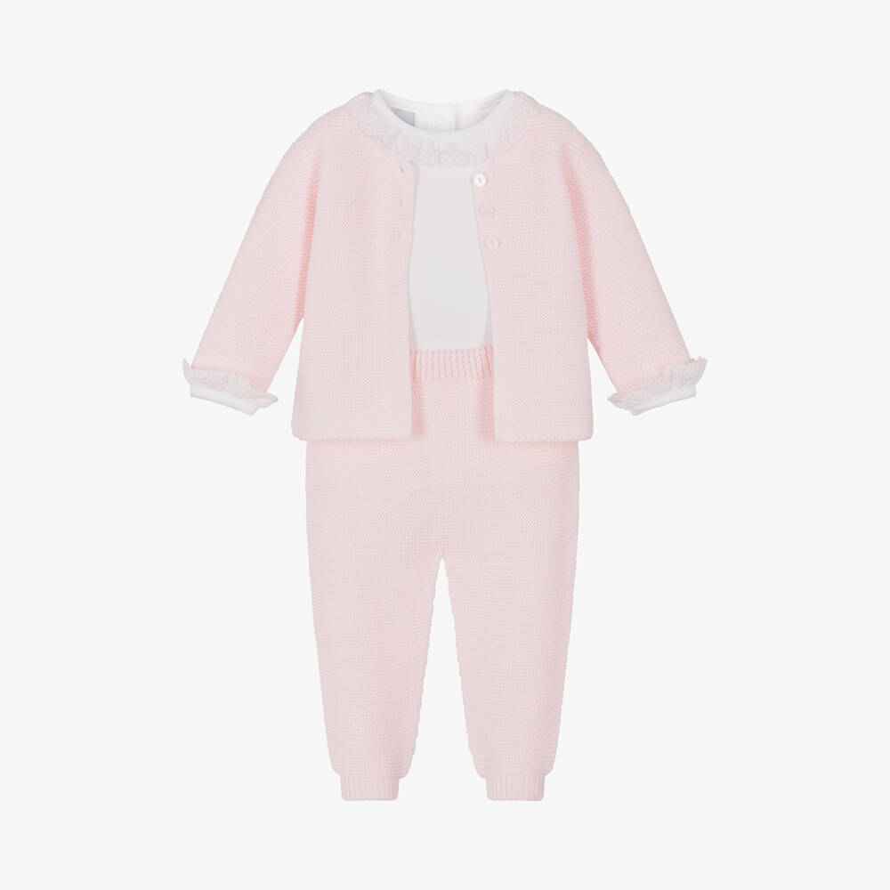 Babidu - Baby Girls Pink Knitted Trouser Set | Childrensalon