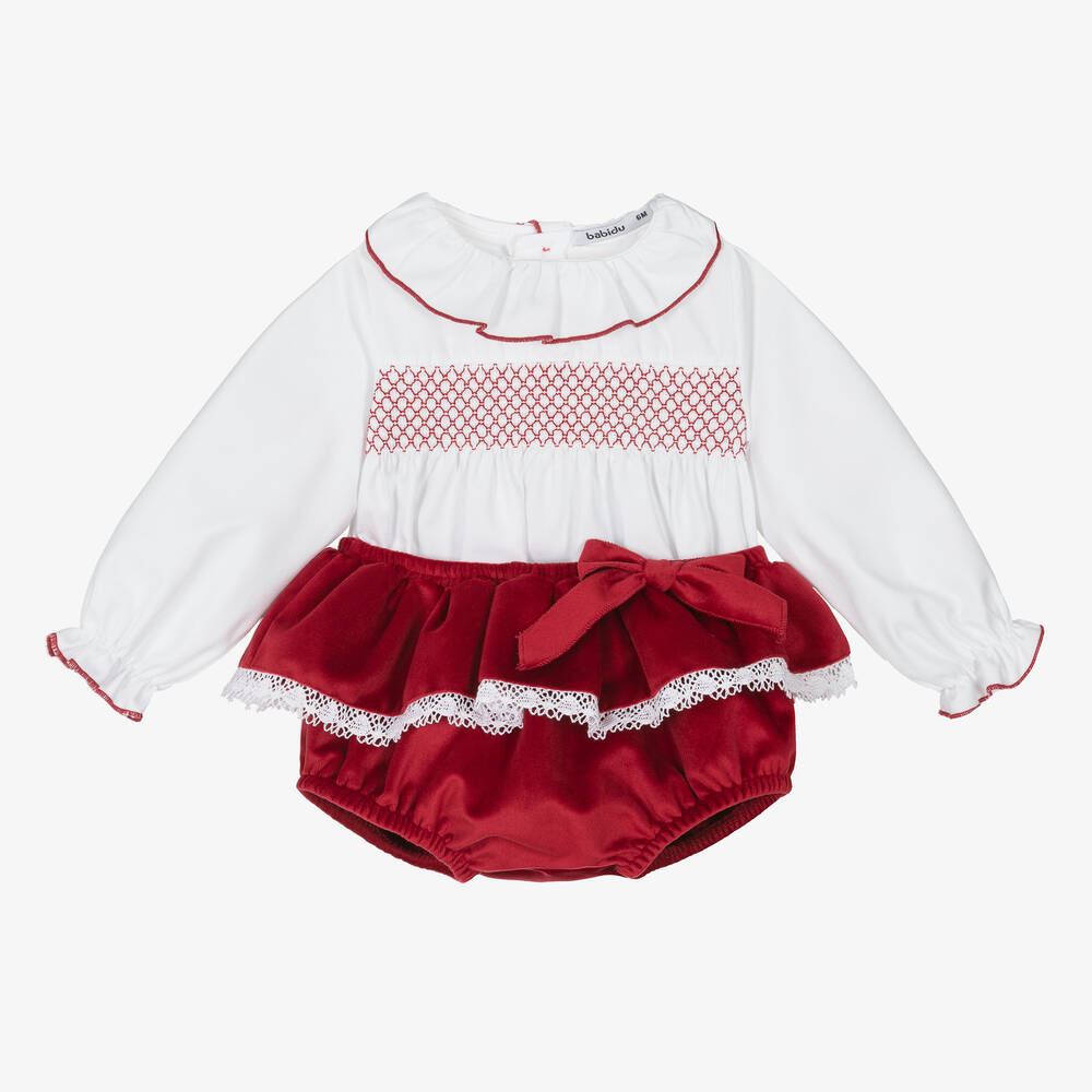 Babidu - Baby Girls Red Velvet Shorts Set | Childrensalon