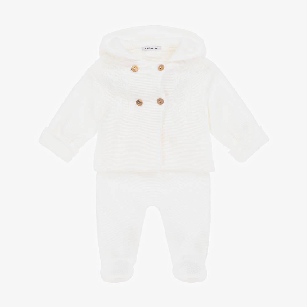 Babidu - Baby White Knitted Pram Coat Set | Childrensalon