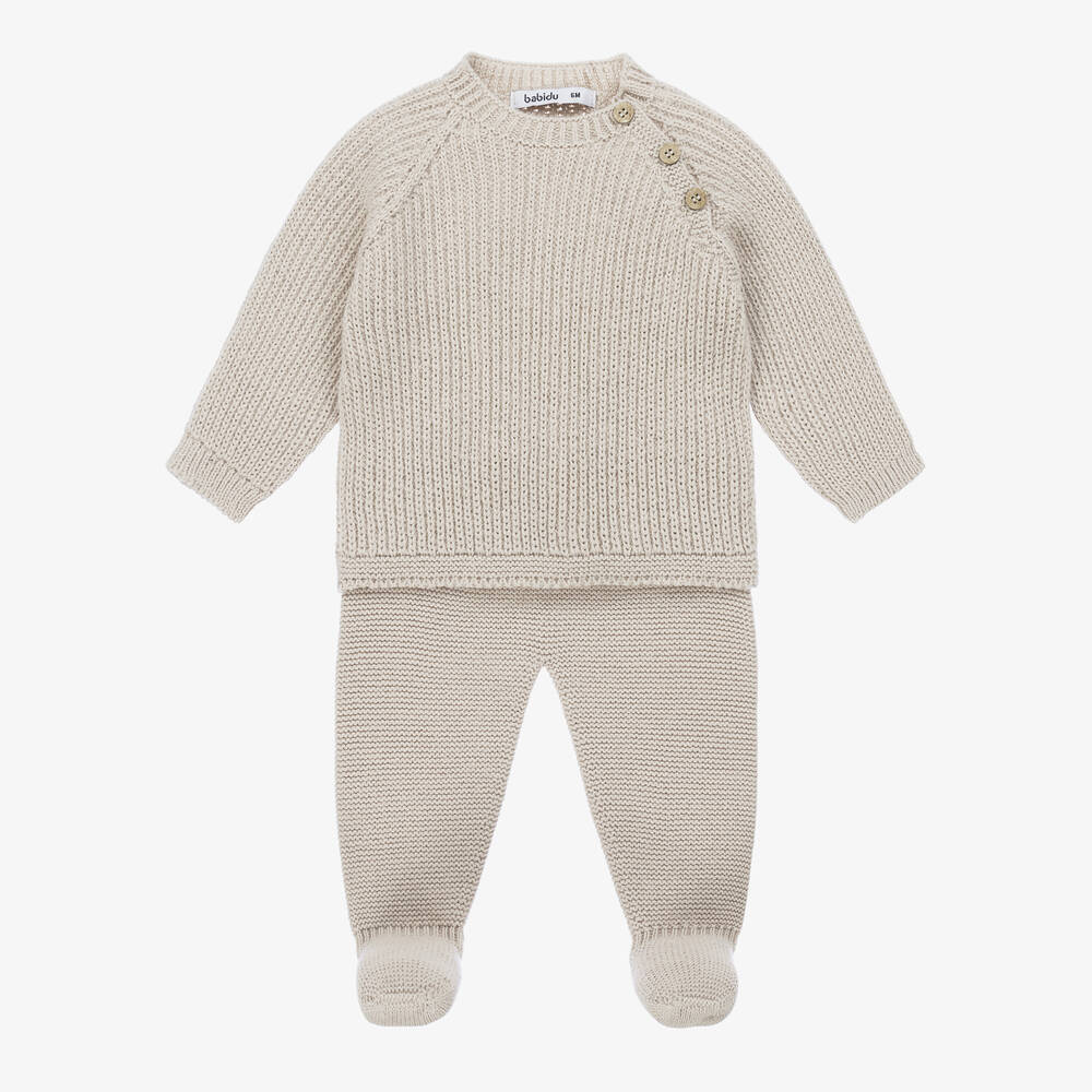 Babidu - Beige Knitted 2 Piece Babygrow | Childrensalon