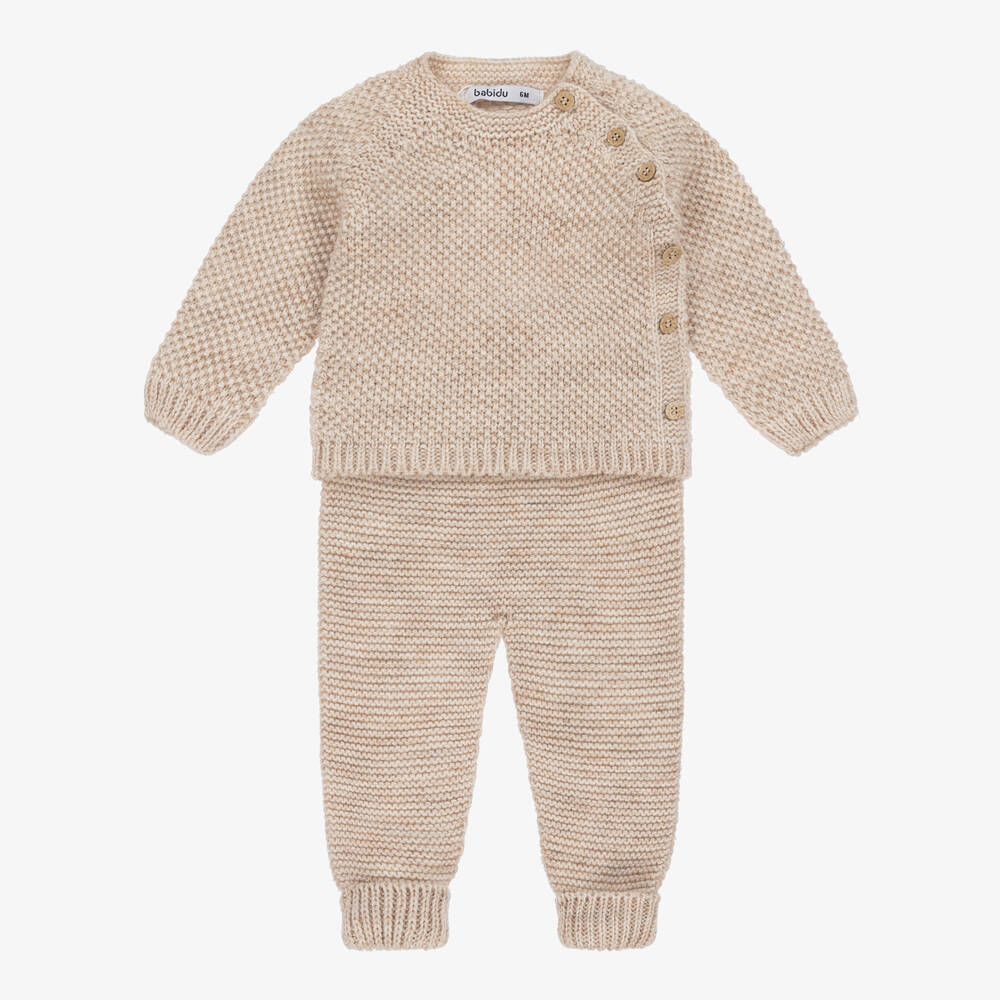 Babidu - Beige Knitted Trouser Set | Childrensalon