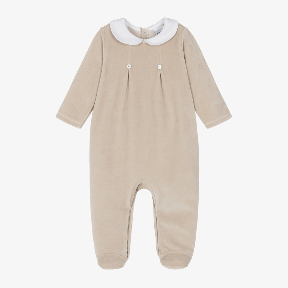 Babidu - Beige Velour Babygrow | Childrensalon