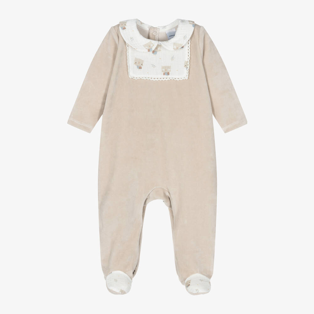 Babidu - Beige Velour Owl Babygrow | Childrensalon