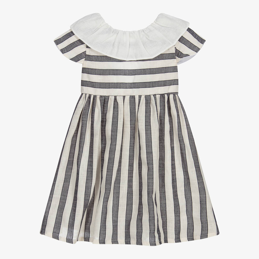 Babidu Babies' Girls Blue & Ivory Striped Dress