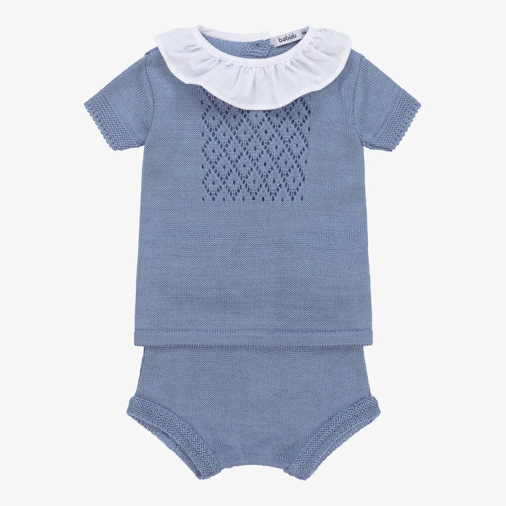 Babidu - Blue Knitted Baby Shorts Set | Childrensalon