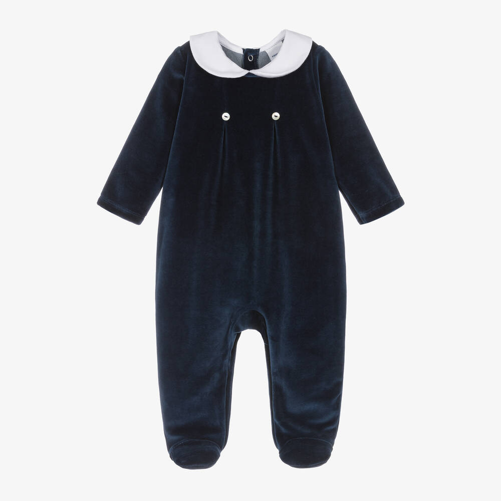 Babidu - Blue Velour Babygrow | Childrensalon