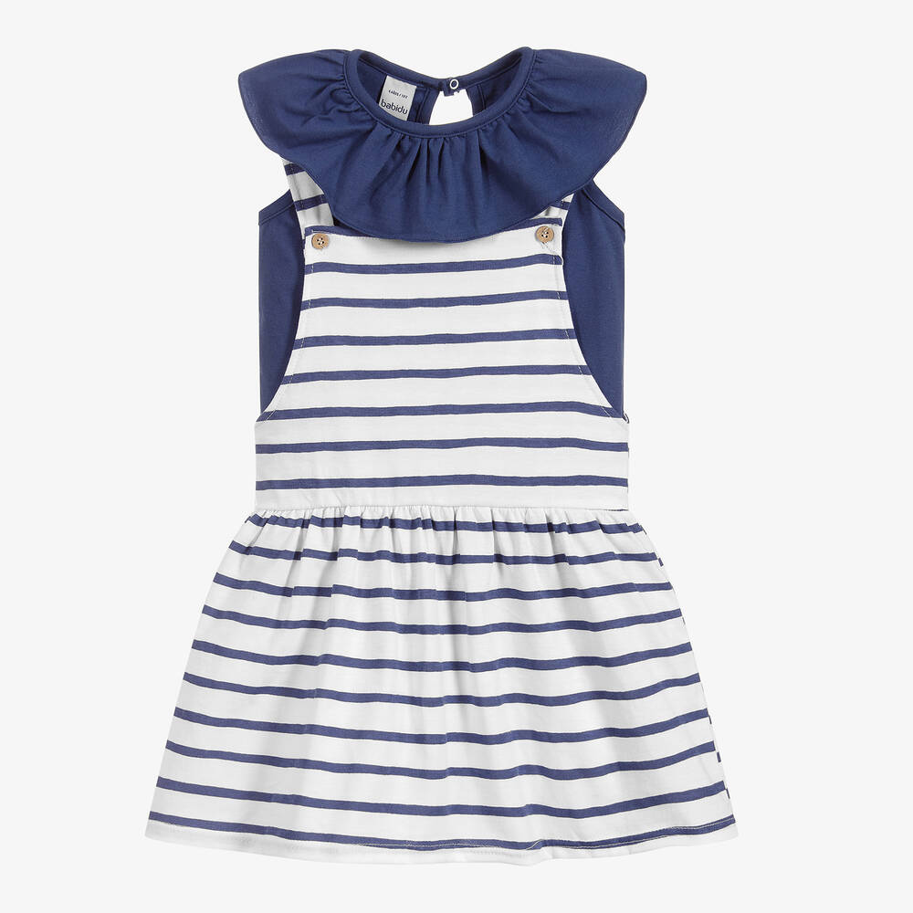 Babidu Babies' Girls Blue & White Striped Dress Set