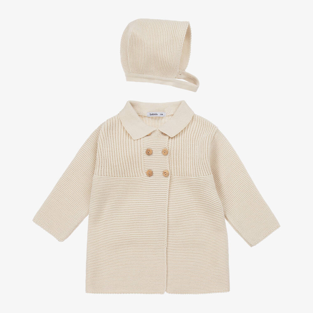 Babidu - Boys Beige Knitted Pram Coat Set | Childrensalon