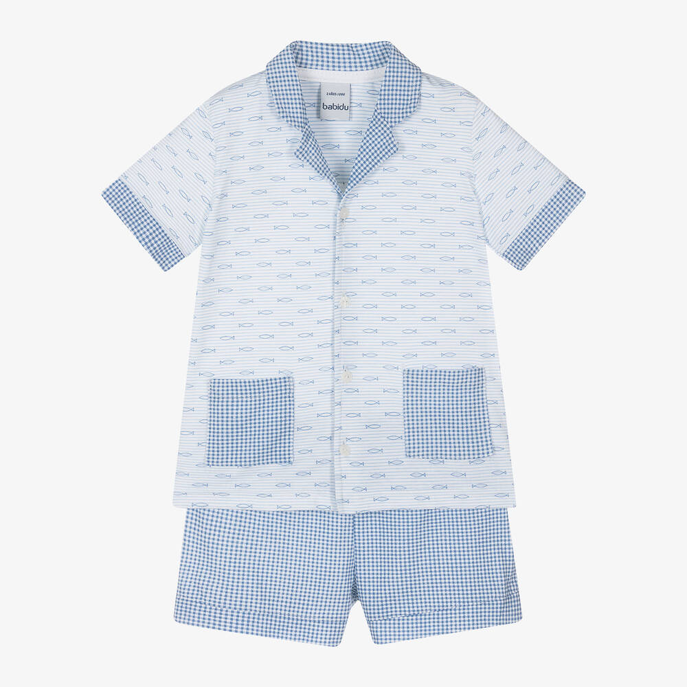 Babidu - Boys Blue Fish Cotton Short Pyjamas | Childrensalon