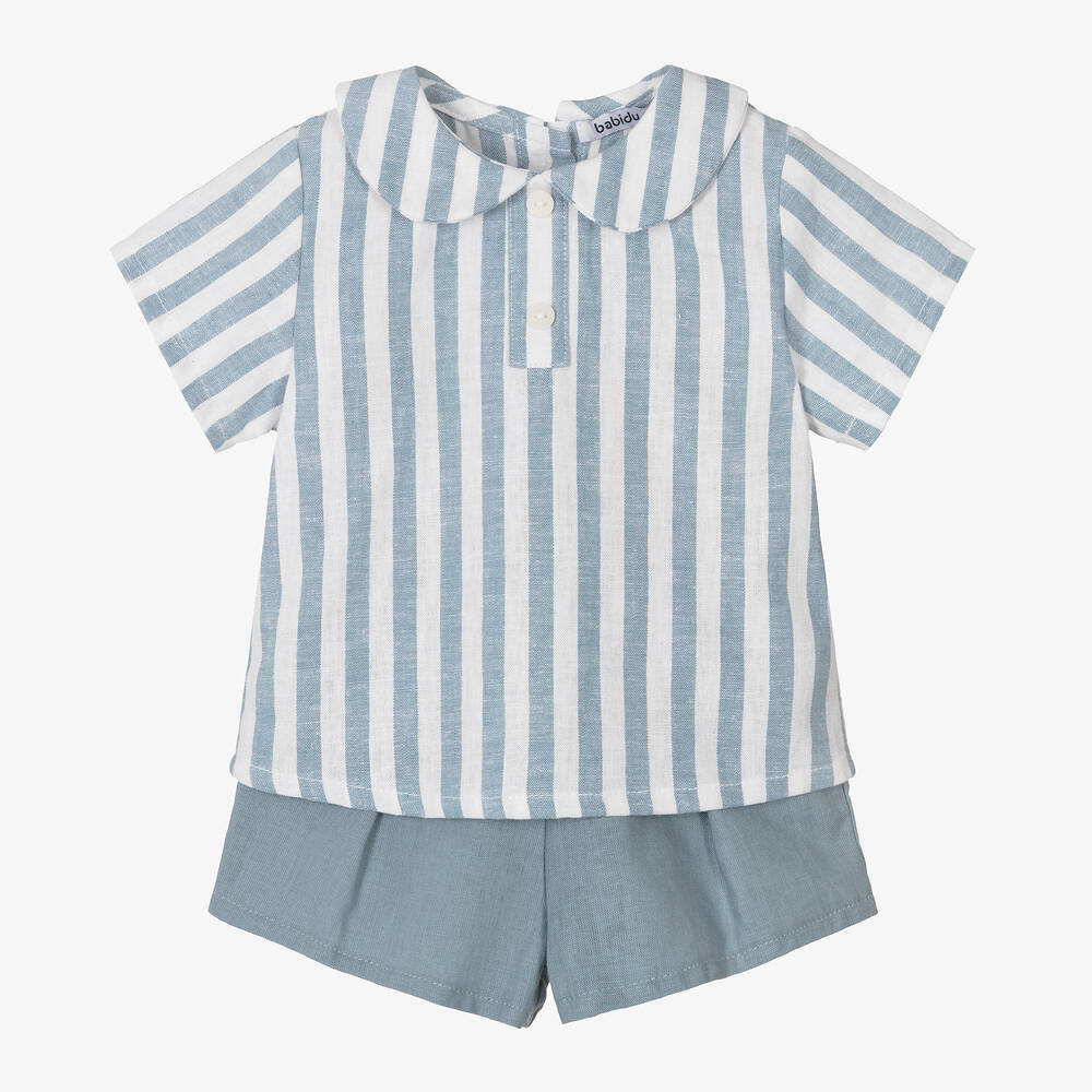Babidu - Boys Blue Stripe Linen & Cotton Shorts Set | Childrensalon