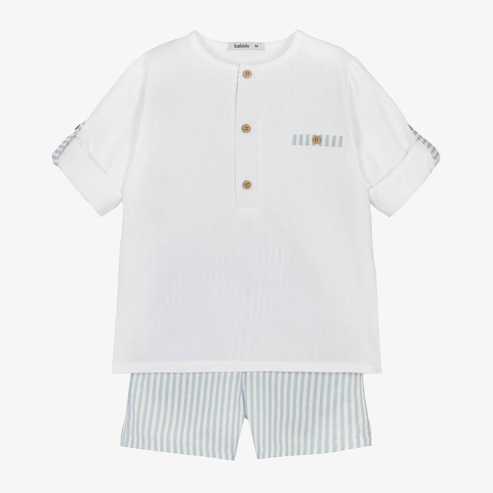 Shop Babidu Boys Blue Striped Cotton Shorts Set