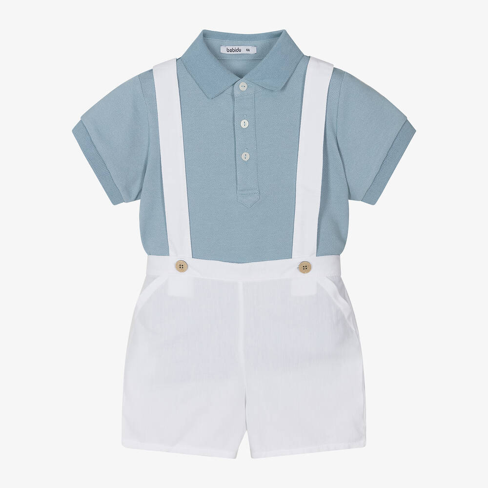 Babidu - Boys Blue & White Cotton Shorts Set | Childrensalon