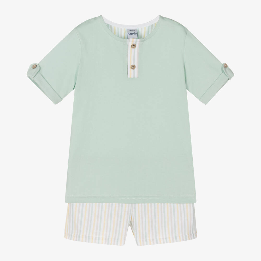 Babidu - Boys Green Stripe Cotton Short Pyjamas | Childrensalon
