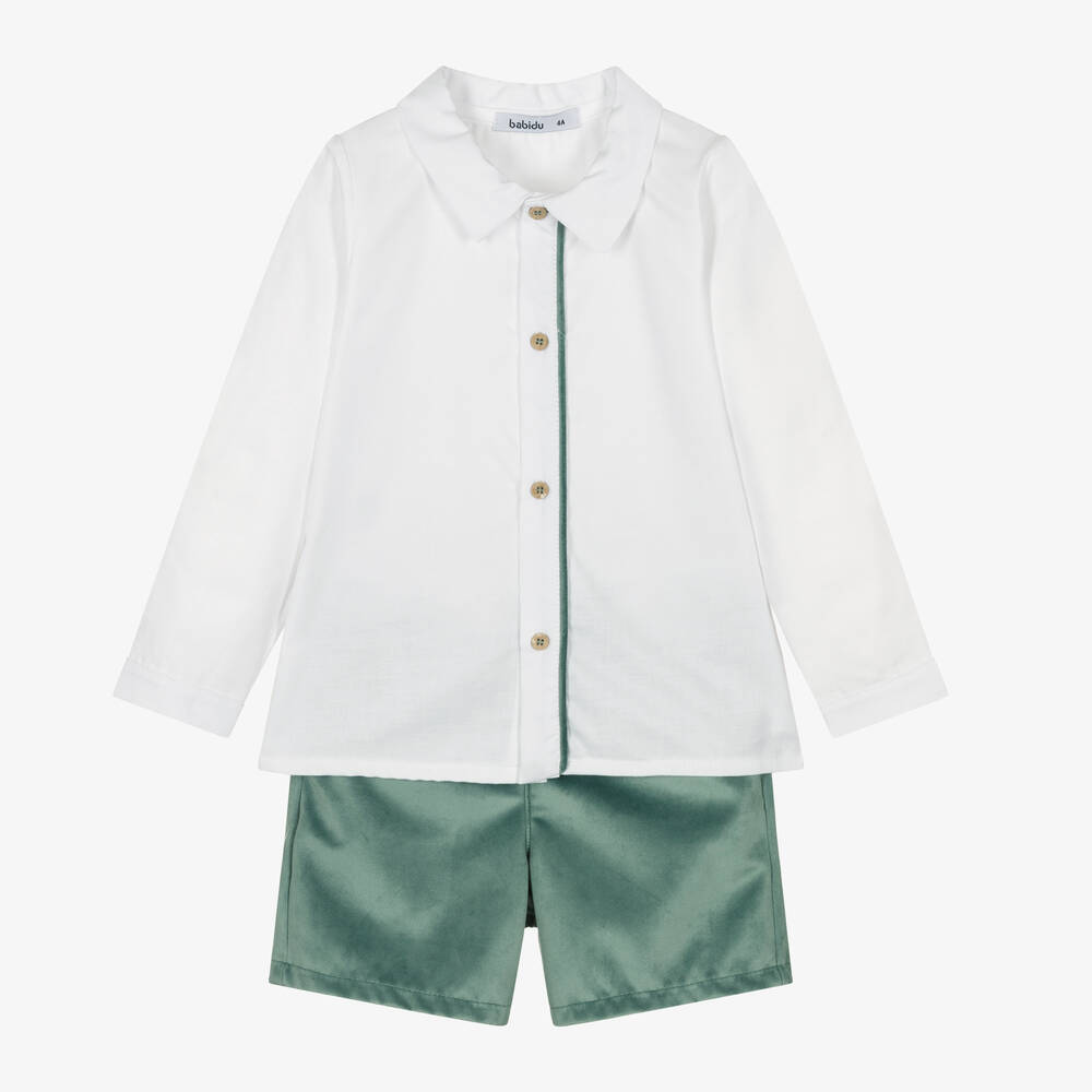 Babidu - Boys Green Velvet Shorts Set | Childrensalon