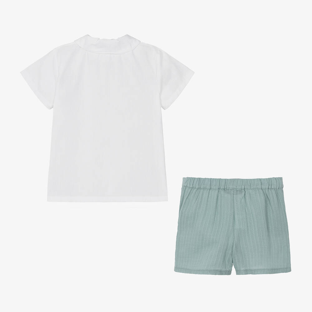 Babidu - Boys Green & White Cotton Shorts Set | Childrensalon