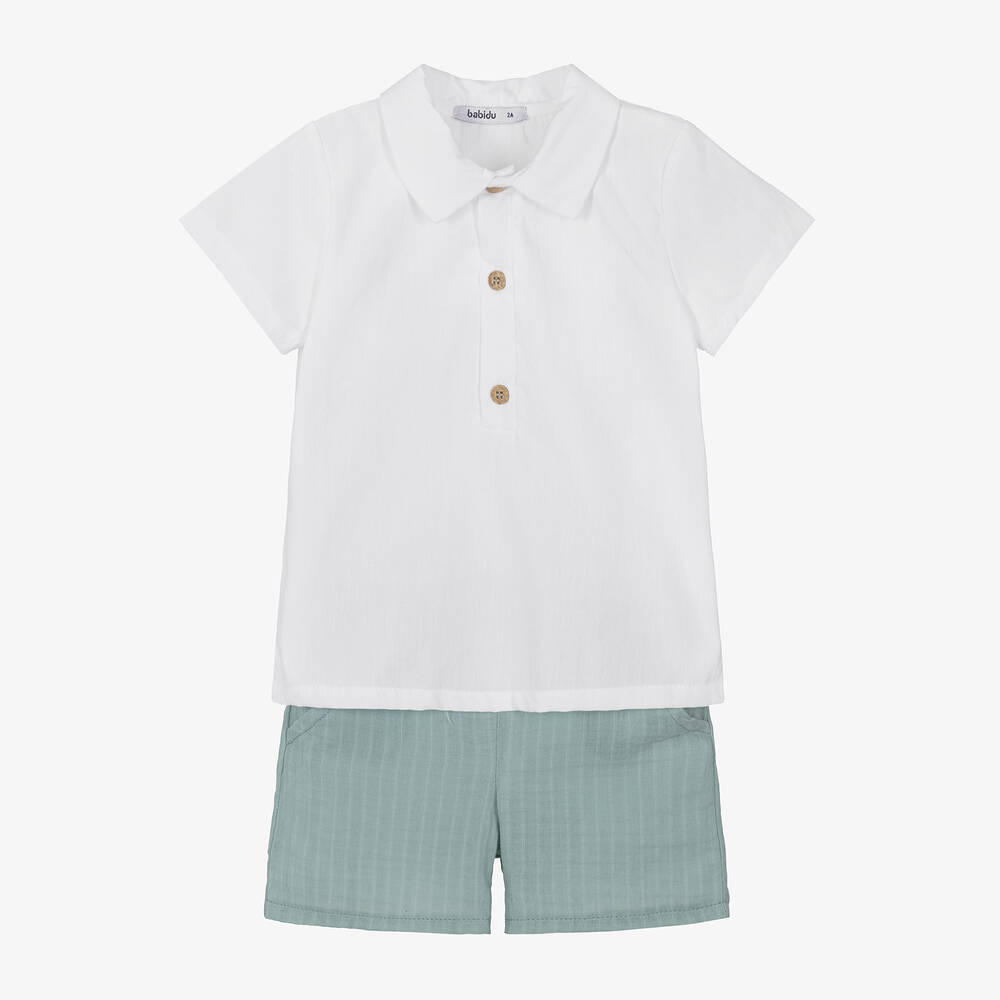 Babidu - Boys Green & White Cotton Shorts Set | Childrensalon