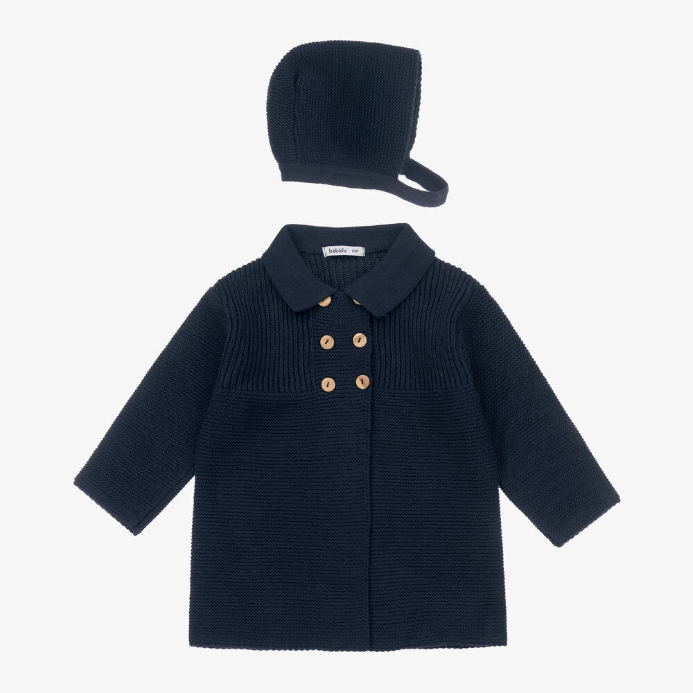 Babidu - Boys Navy Blue Knitted Pram Coat Set | Childrensalon