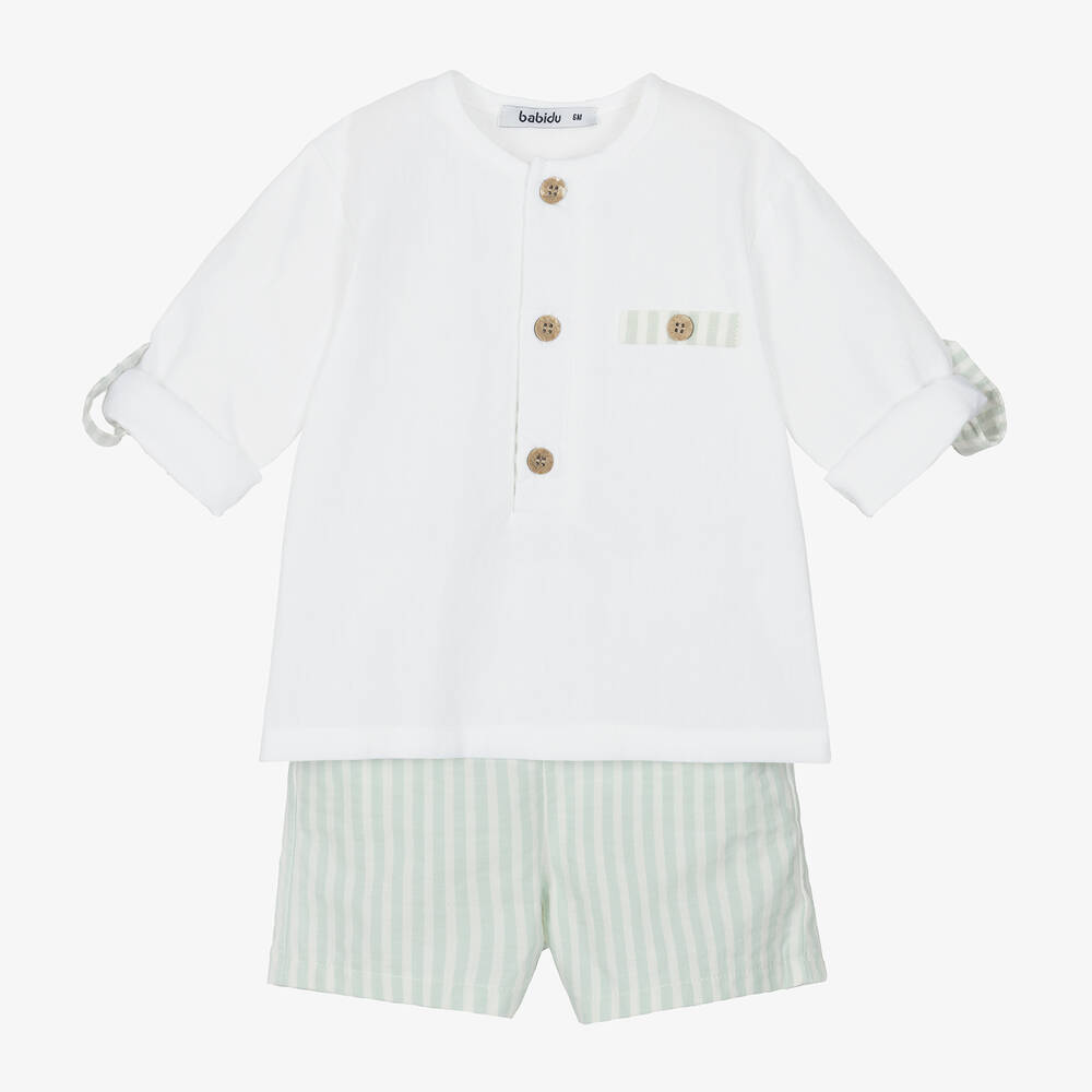 Babidu - Boys White & Green Cotton Shorts Set | Childrensalon