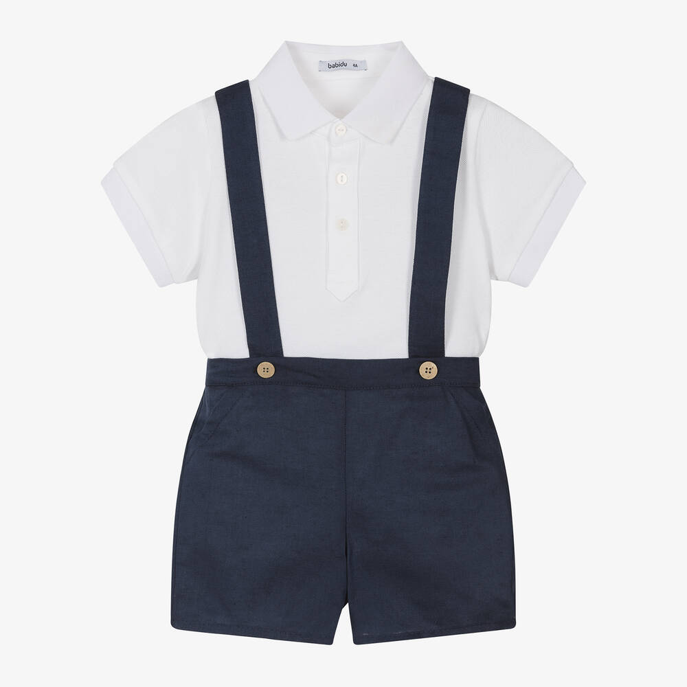Babidu - Boys White & Navy Blue Cotton Shorts Set | Childrensalon