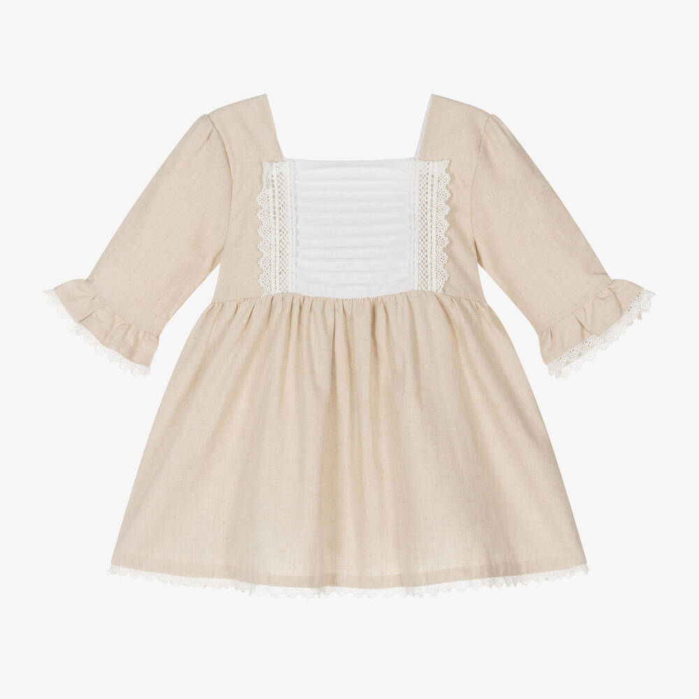 Babidu - Girls Beige Linen & Cotton Dress | Childrensalon