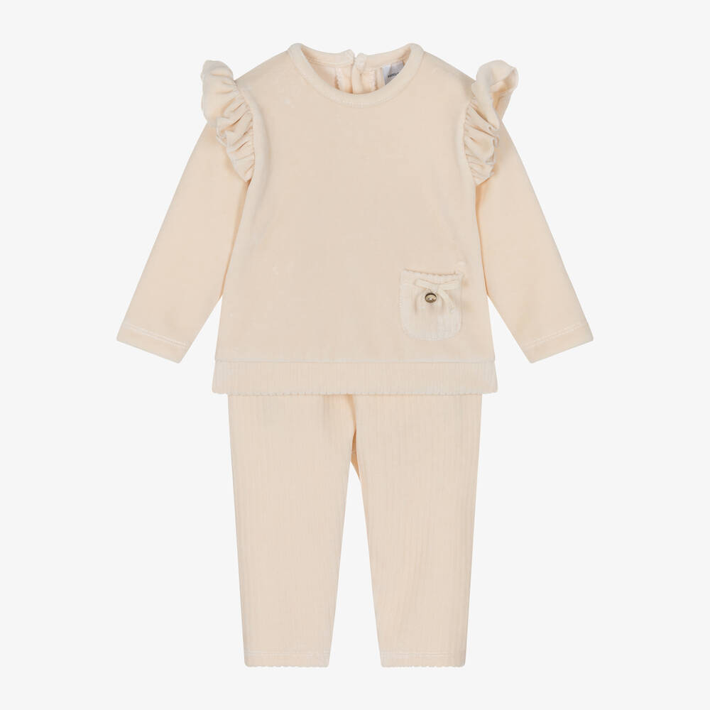 Babidu - Girls Beige Velour Trouser Set | Childrensalon