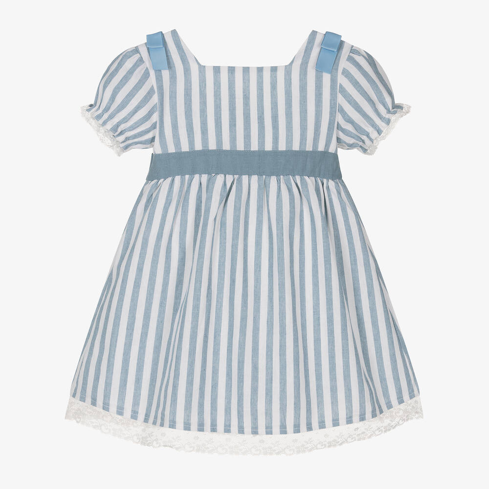 Babidu - Girls Blue Stripe Linen & Cotton Dress | Childrensalon
