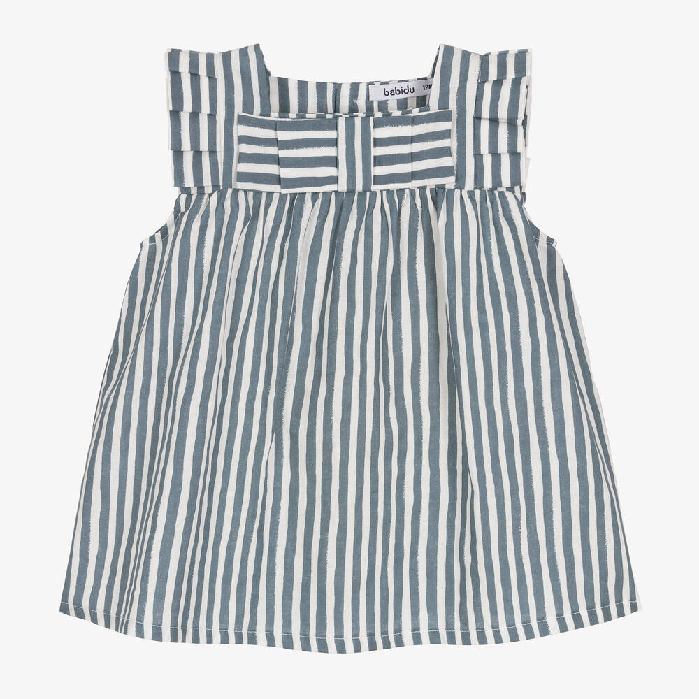Babidu Babies' Girls Blue Striped Cotton Dress