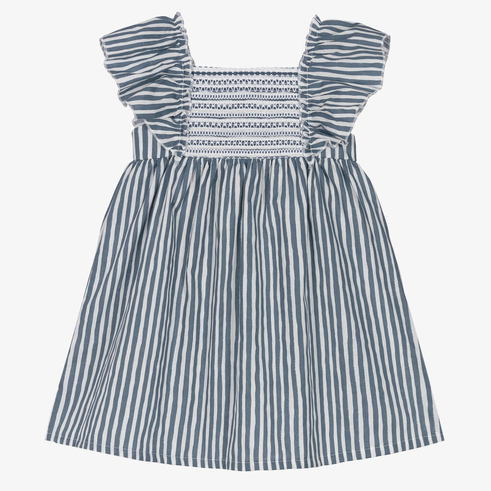 Babidu Babies' Girls Blue Striped Smocked Dress
