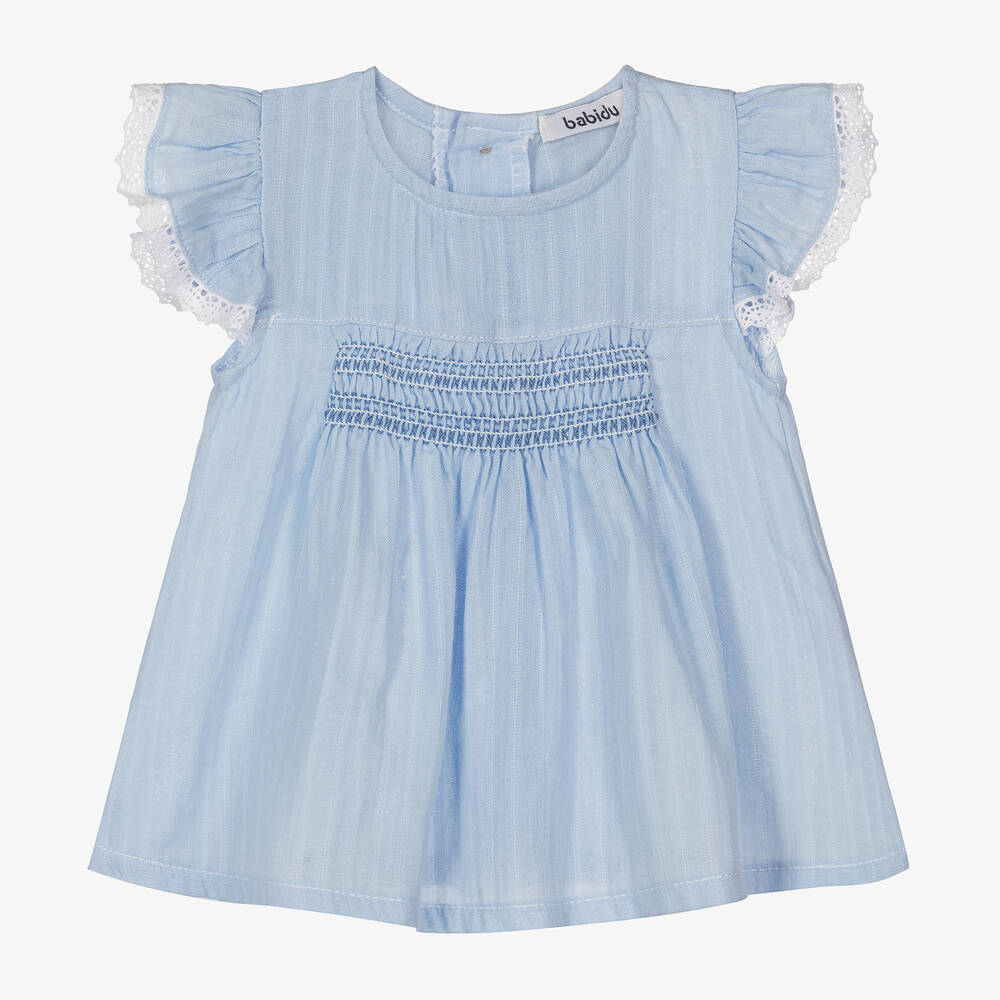Babidu - Girls Cornflower Blue Cotton Dress | Childrensalon