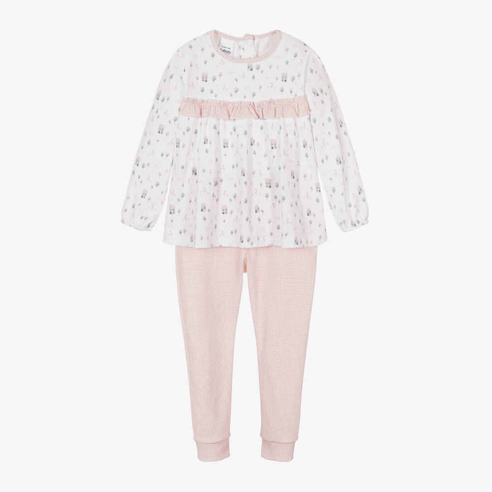Babidu - Girls Cotton White & Pink Cotton Pyjamas | Childrensalon