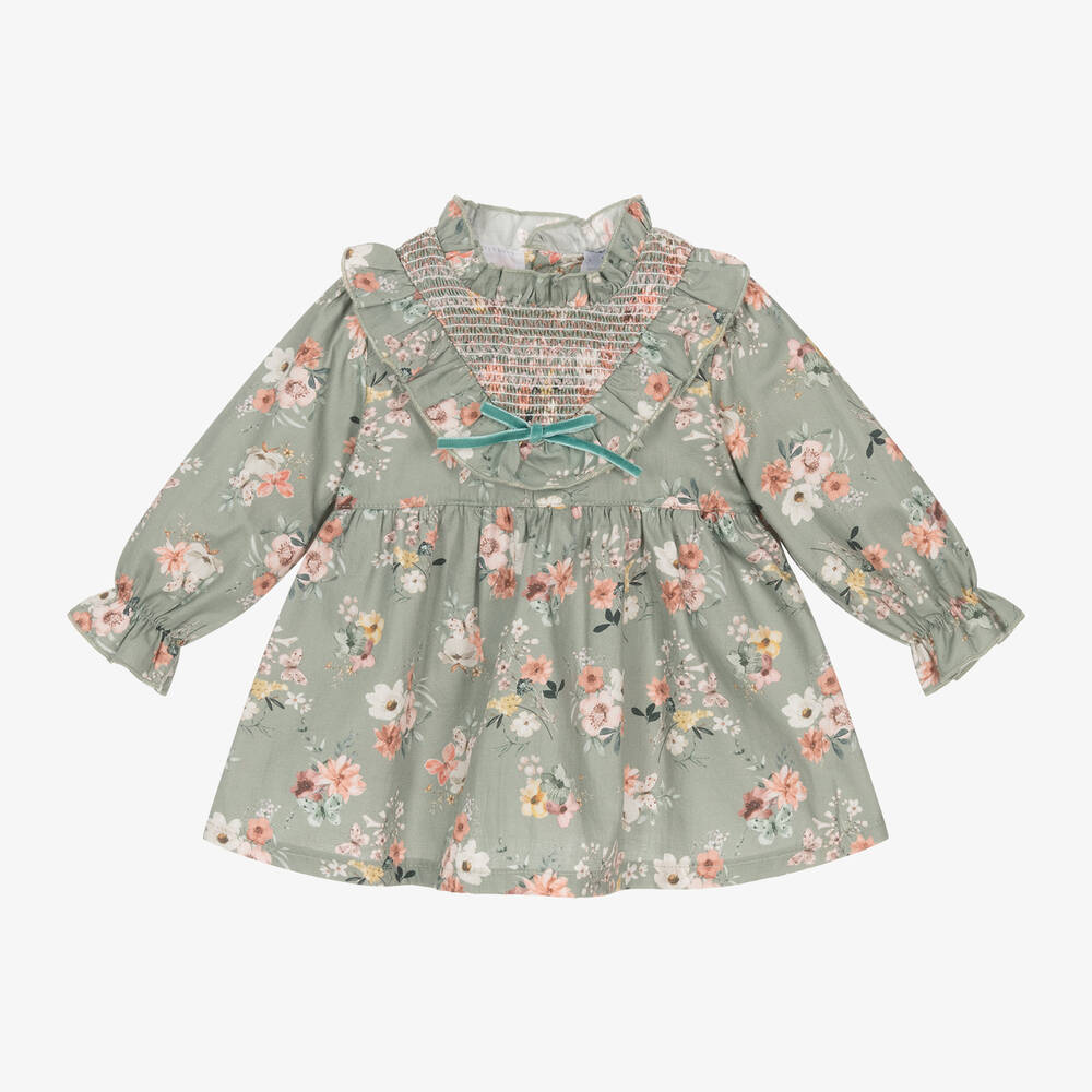Babidu - Girls Green Floral Cotton Dress | Childrensalon