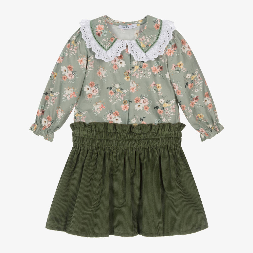 Babidu - Girls Green Floral Cotton Skirt Set | Childrensalon