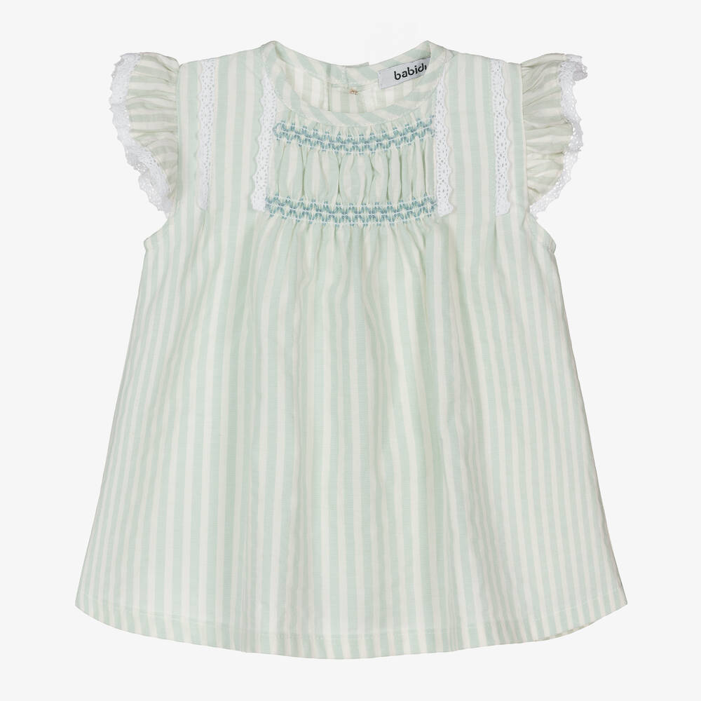Babidu - Girls Mint Green Striped Cotton Dress | Childrensalon