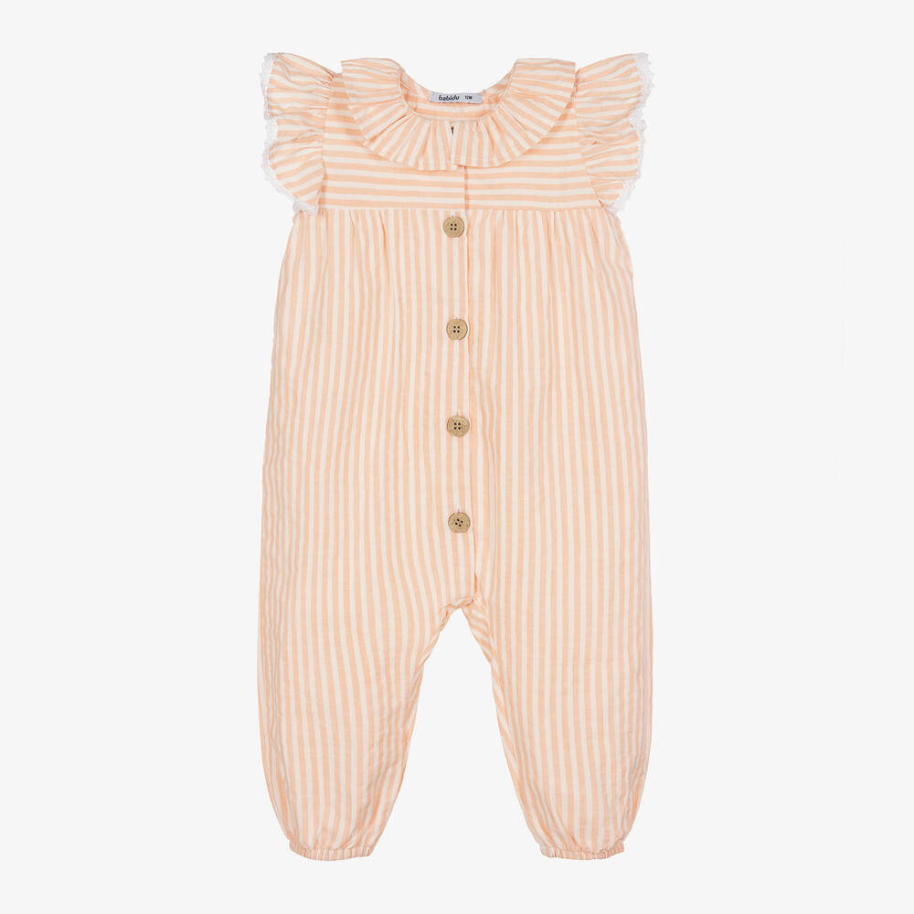 Babidu - Girls Orange Cotton Striped Jumpsuit | Childrensalon