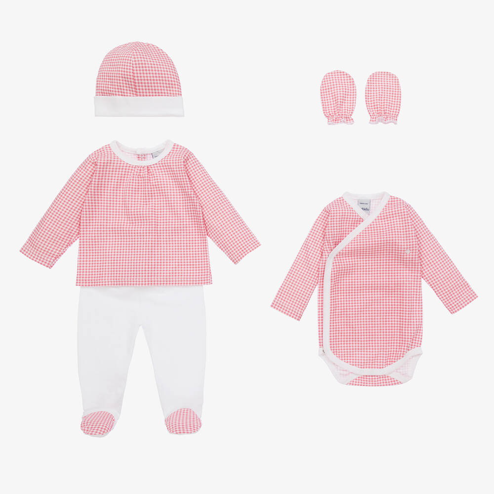 Babidu - Girls Pink Cotton Gingham Babysuit Set | Childrensalon