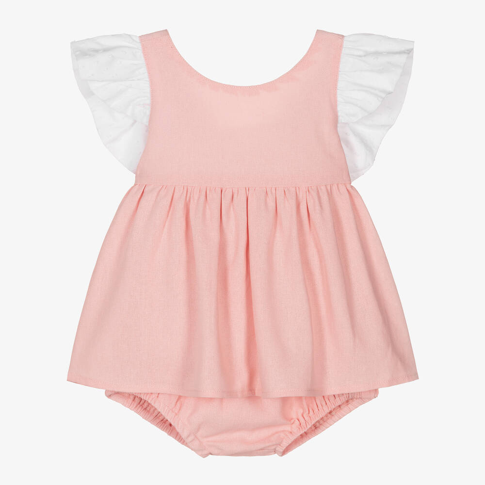 Babidu - Girls Pink Frilly Viscose & Linen Dress | Childrensalon