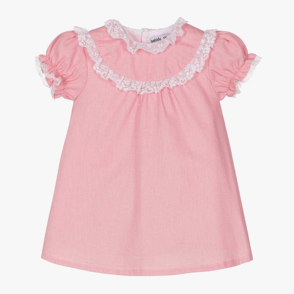 Babidu - Girls Pink Linen & Cotton Dress | Childrensalon
