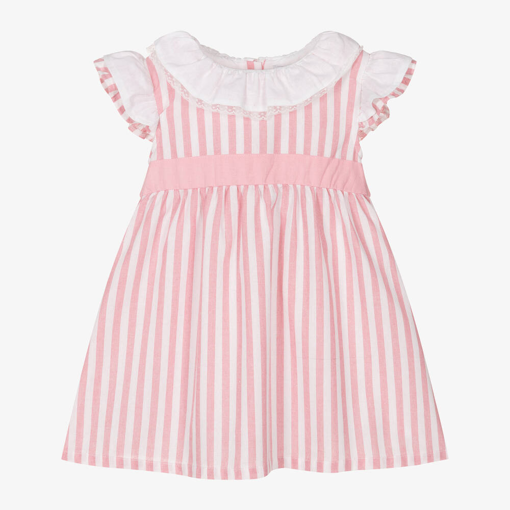 Babidu - Girls Pink Stripe Linen & Cotton Dress | Childrensalon