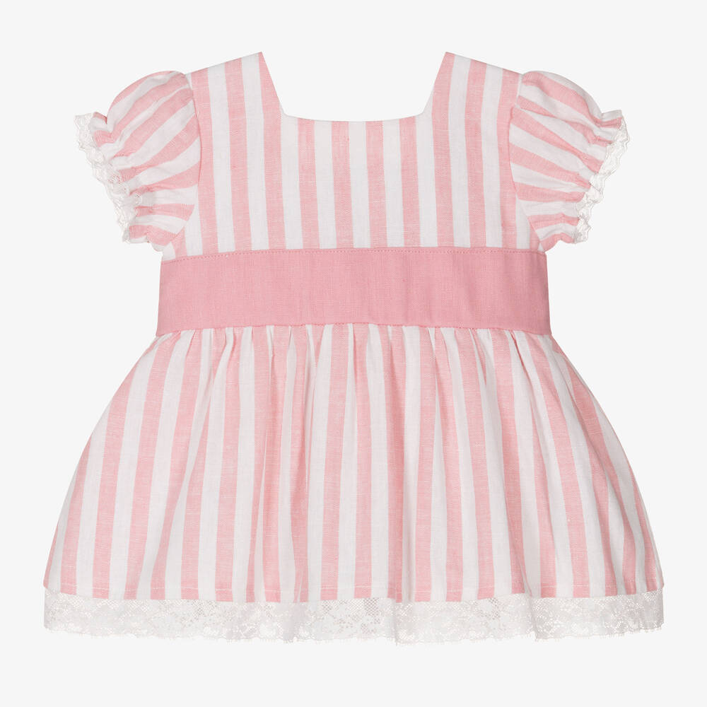 Babidu - Girls Pink Striped Linen Dress | Childrensalon