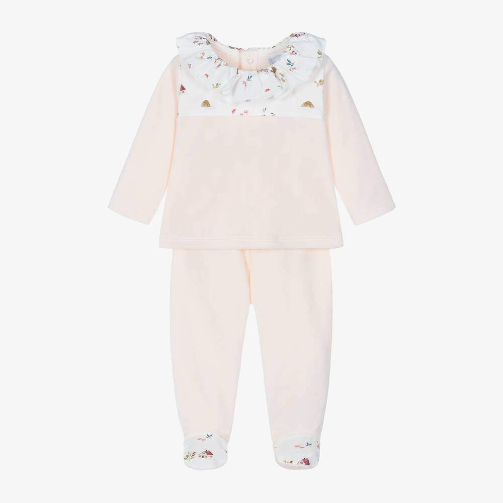 Babidu - Girls Pink Velour 2 Piece Babygrow | Childrensalon