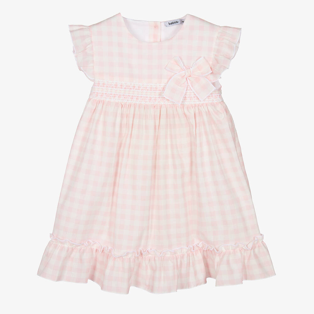 Babidu Babies' Girls Pink & White Check Cotton Dress