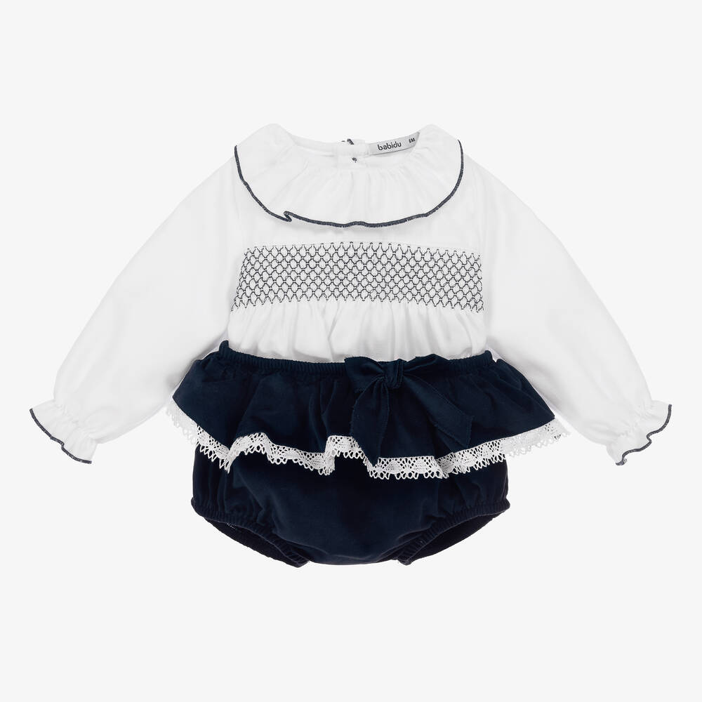 Babidu - Girls White & Blue Velvet Shorts Set | Childrensalon