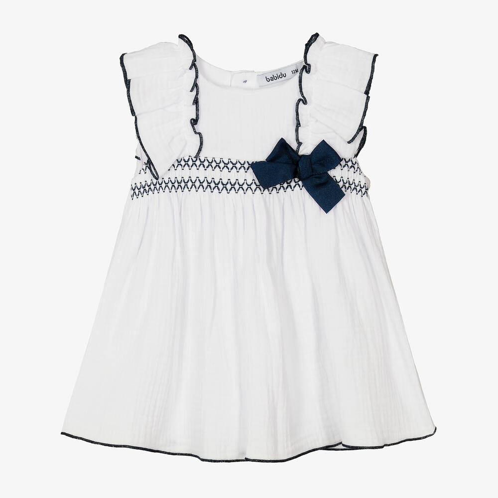 Babidu - Girls White Cotton Dress | Childrensalon